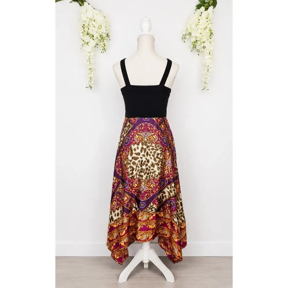 Signature by Robbie Bee Satin Handkerchief Hem Dress 8P Black Baroque Vacation